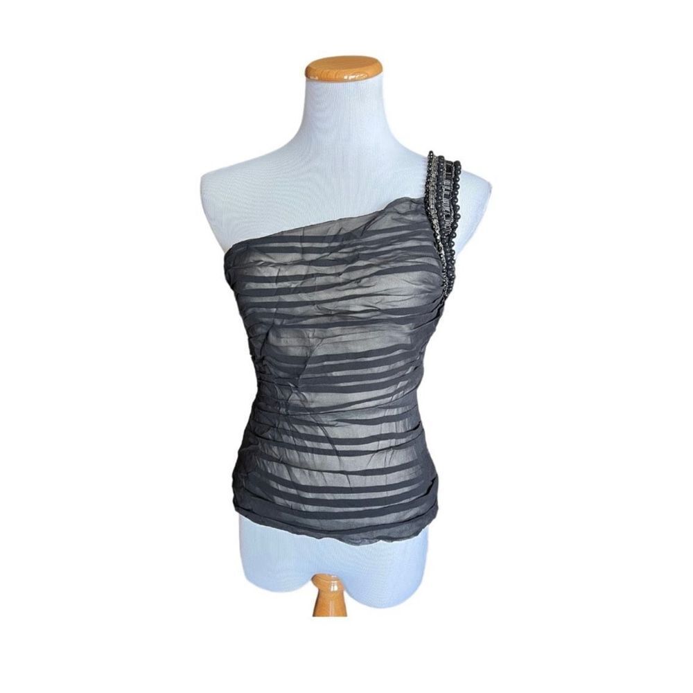 Womens Bebe Stunning Ruched Black Overlay Beaded Silk One Shoulder Top - Sz S